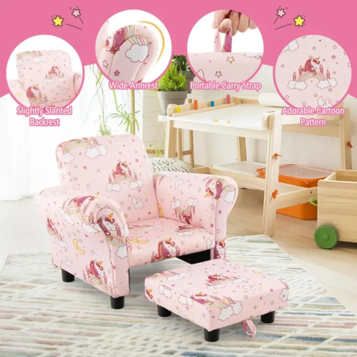 Hivvago Kids Single Sofa with Cute Patterns  Ergonomic Backrest and Armrests