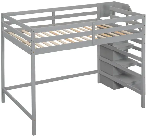 Whisen Wood Full Size Loft Bed with Built-in Storage Wardrobe and Staircase - Gray