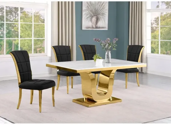 5pc Small(66") marble top dining set with gold base and 4 Black side chairs