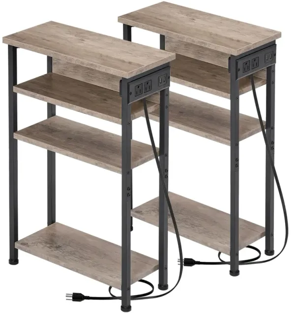 AMHANCIBLE Narrow Side Table with Charging Station, End Table for Small Spaces, Skinny Nightstand with Storage Shelf, Narrow End