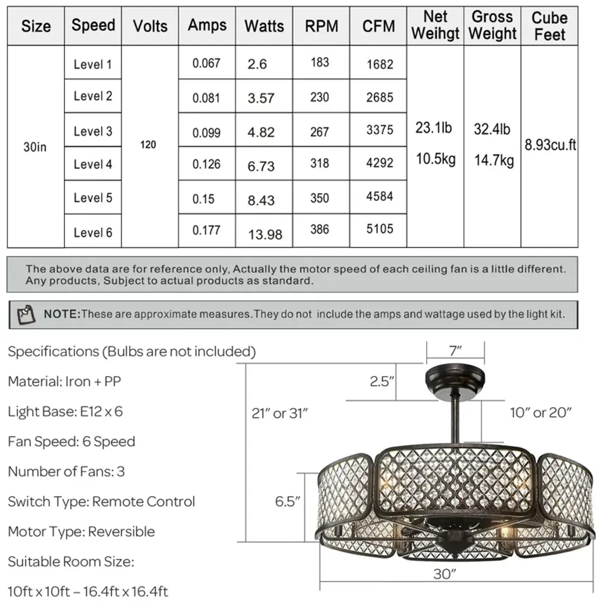 30 Inch Caged Ceiling Fan With Light Crystal Lampshade 6 Light Bases