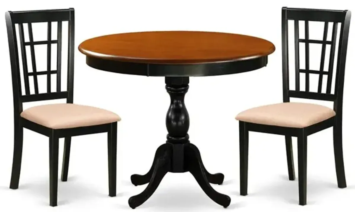 East West Furniture 3-Pc Dinning Table Set Consists of a Modern Kitchen Table and 2 Linen Fabric Mid Century Chairs with Slatted Back - Black Finish
