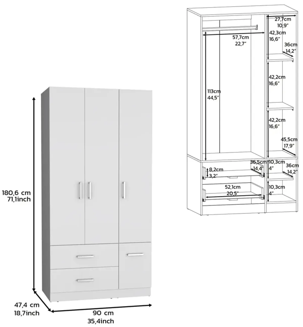 Sebree Armoire Wardrove 71", 4 Doors, Hanging Rod, 3 Cabinets, 6 Shelves, Black , Bedroom