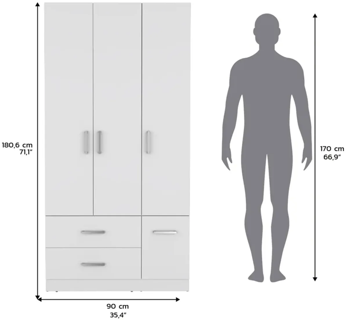 Sebree Armoire Wardrove 71", 4 Doors, Hanging Rod, 3 Cabinets, 6 Shelves, Black , Bedroom