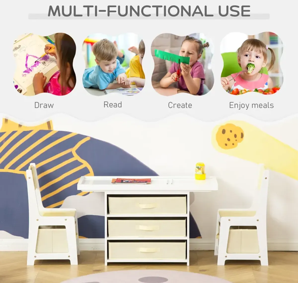 Kids Activity Table and Chairs Set with 3 Surfaces Including Kids Drawing Table