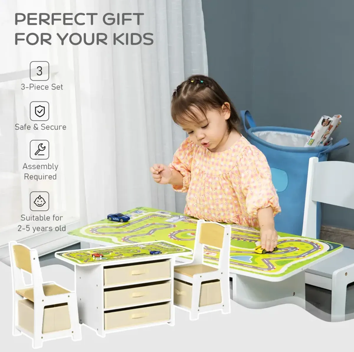 Kids Activity Table and Chairs Set with 3 Surfaces Including Kids Drawing Table