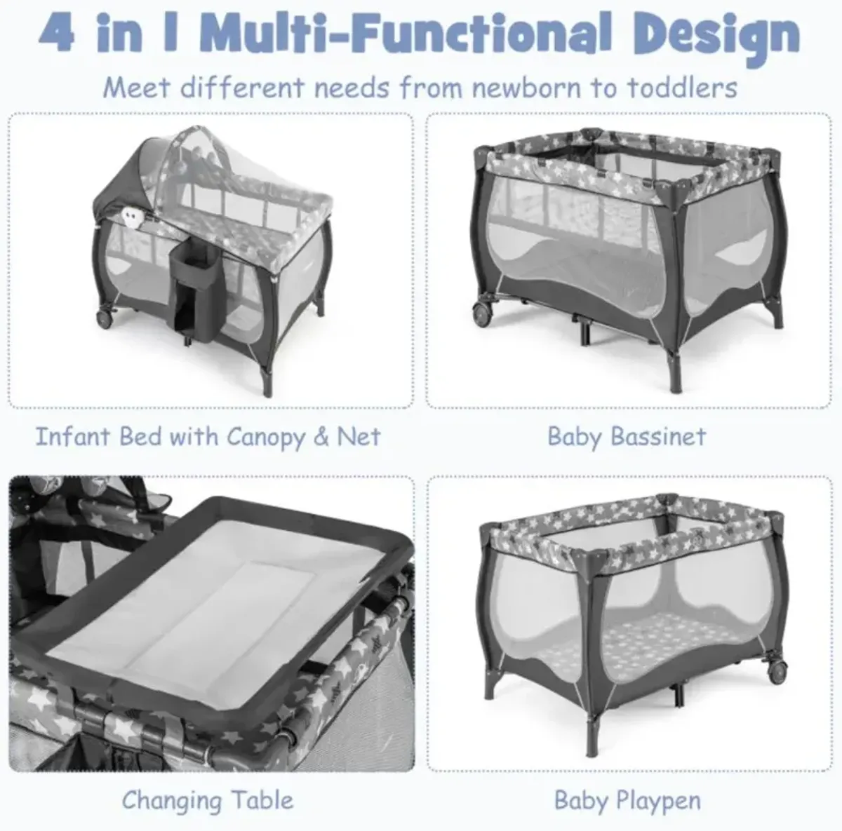 Hivvago 4 in 1 Portable Baby Nursery Center with Net and Music Box