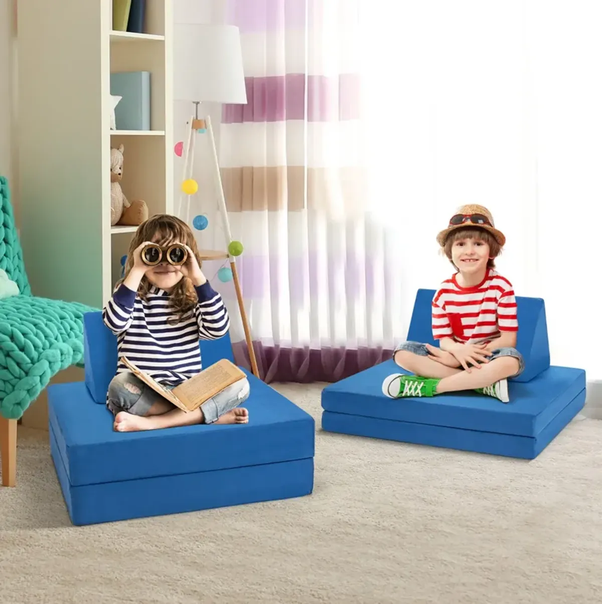 4 Pieces Convertible Kids Couch Set with 2 Folding Mats in Blue