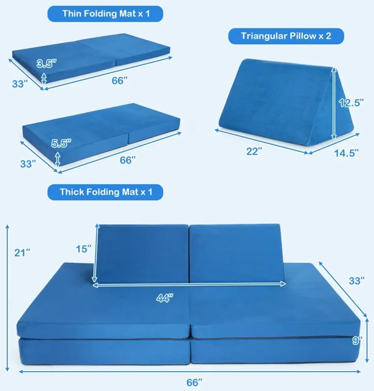 4 Pieces Convertible Kids Couch Set with 2 Folding Mats in Blue