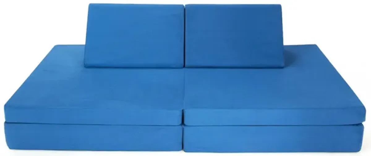 4 Pieces Convertible Kids Couch Set with 2 Folding Mats in Blue