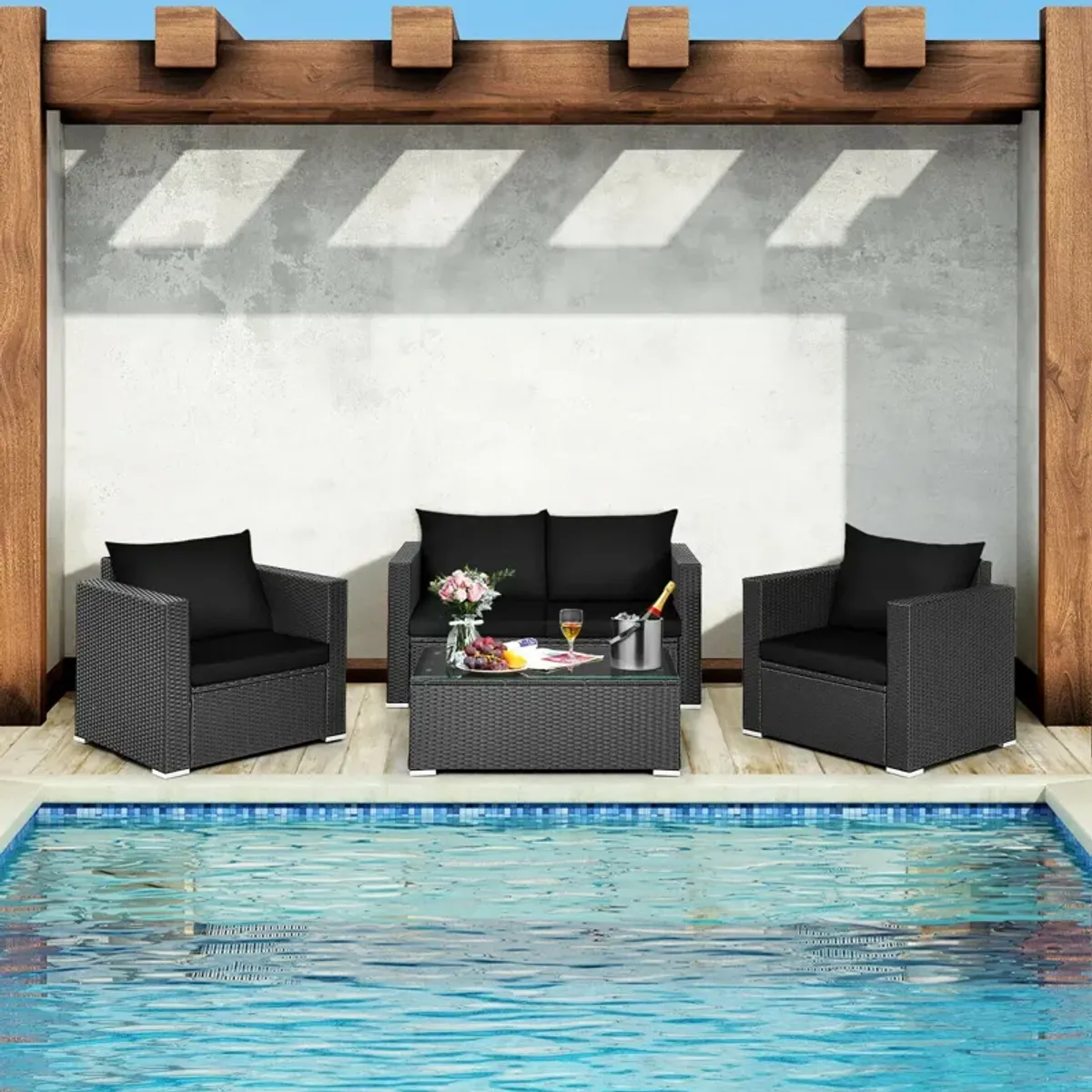 4 Pieces Patio Rattan Conversation Set with Padded Cushion and Tempered Glass Coffee Table