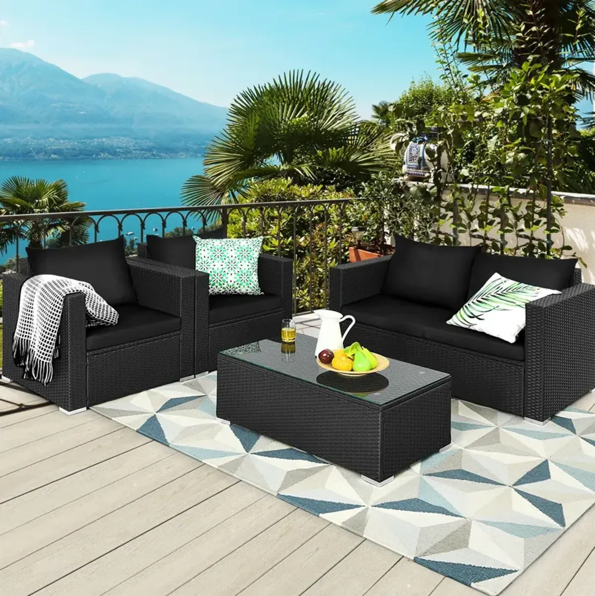 4 Pieces Patio Rattan Conversation Set with Padded Cushion and Tempered Glass Coffee Table