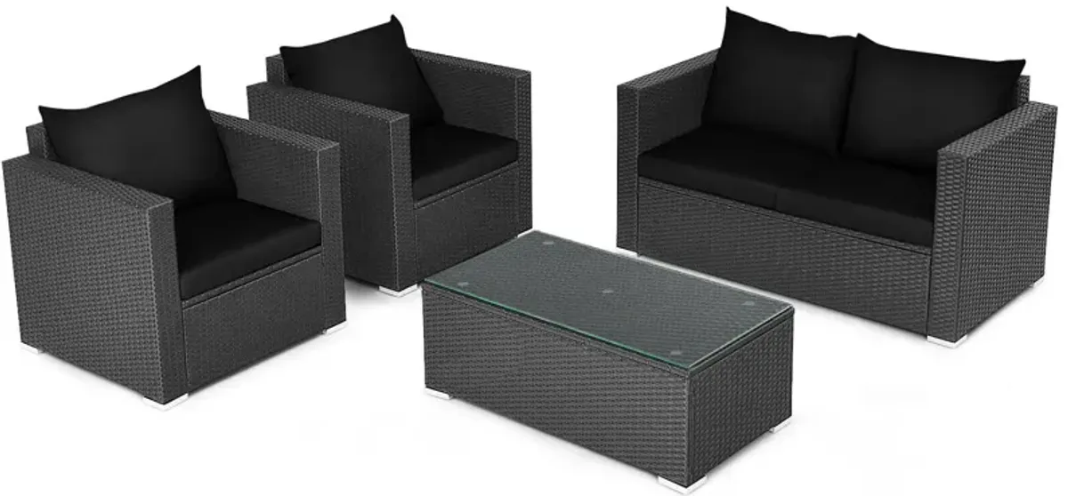 4 Pieces Patio Rattan Conversation Set with Padded Cushion and Tempered Glass Coffee Table