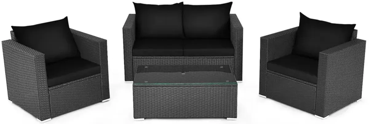 4 Pieces Patio Rattan Conversation Set with Padded Cushion and Tempered Glass Coffee Table