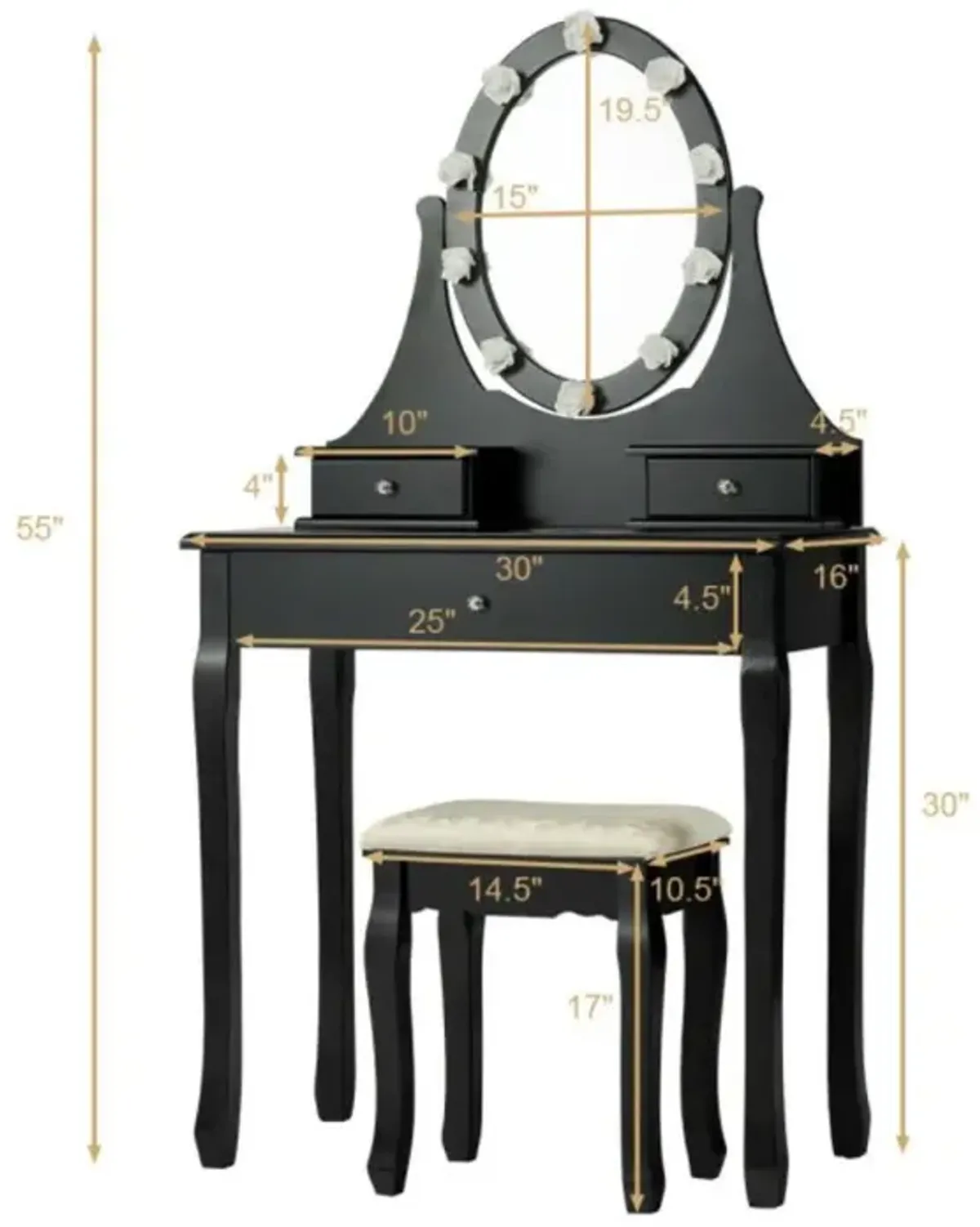 Hivvago 3 Drawers Lighted Mirror Vanity Dressing Table Stool Set-Black