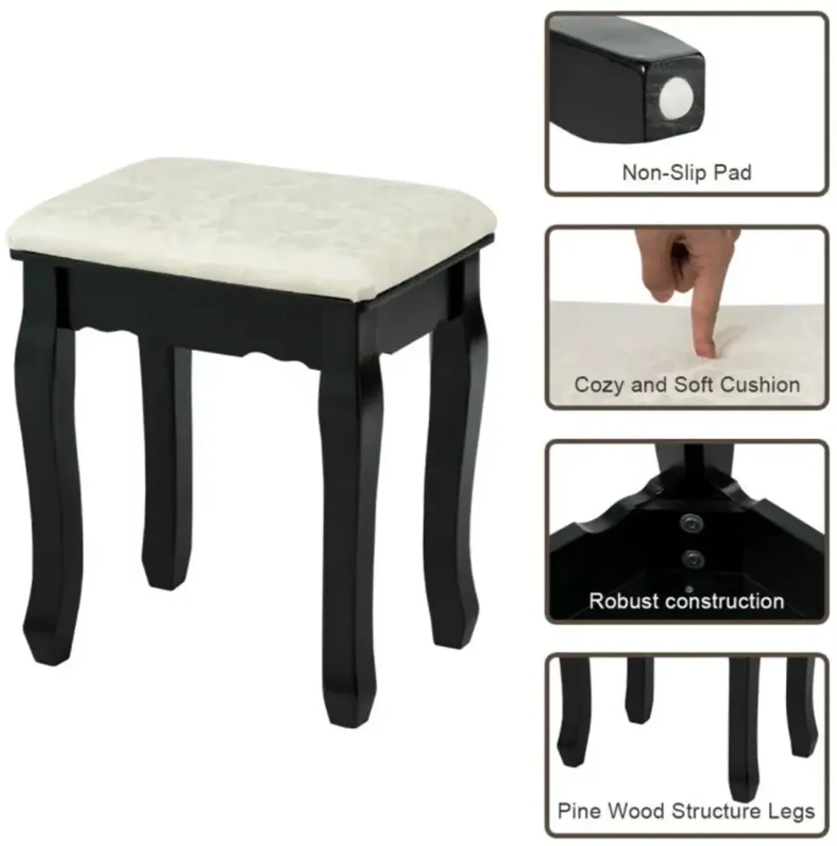 Hivvago 3 Drawers Lighted Mirror Vanity Dressing Table Stool Set-Black