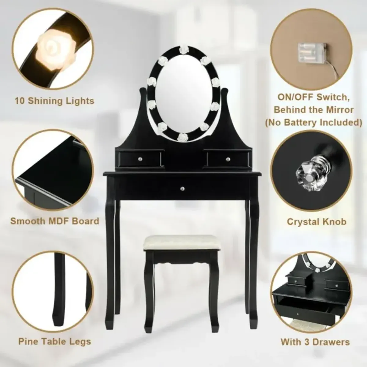 Hivvago 3 Drawers Lighted Mirror Vanity Dressing Table Stool Set-Black