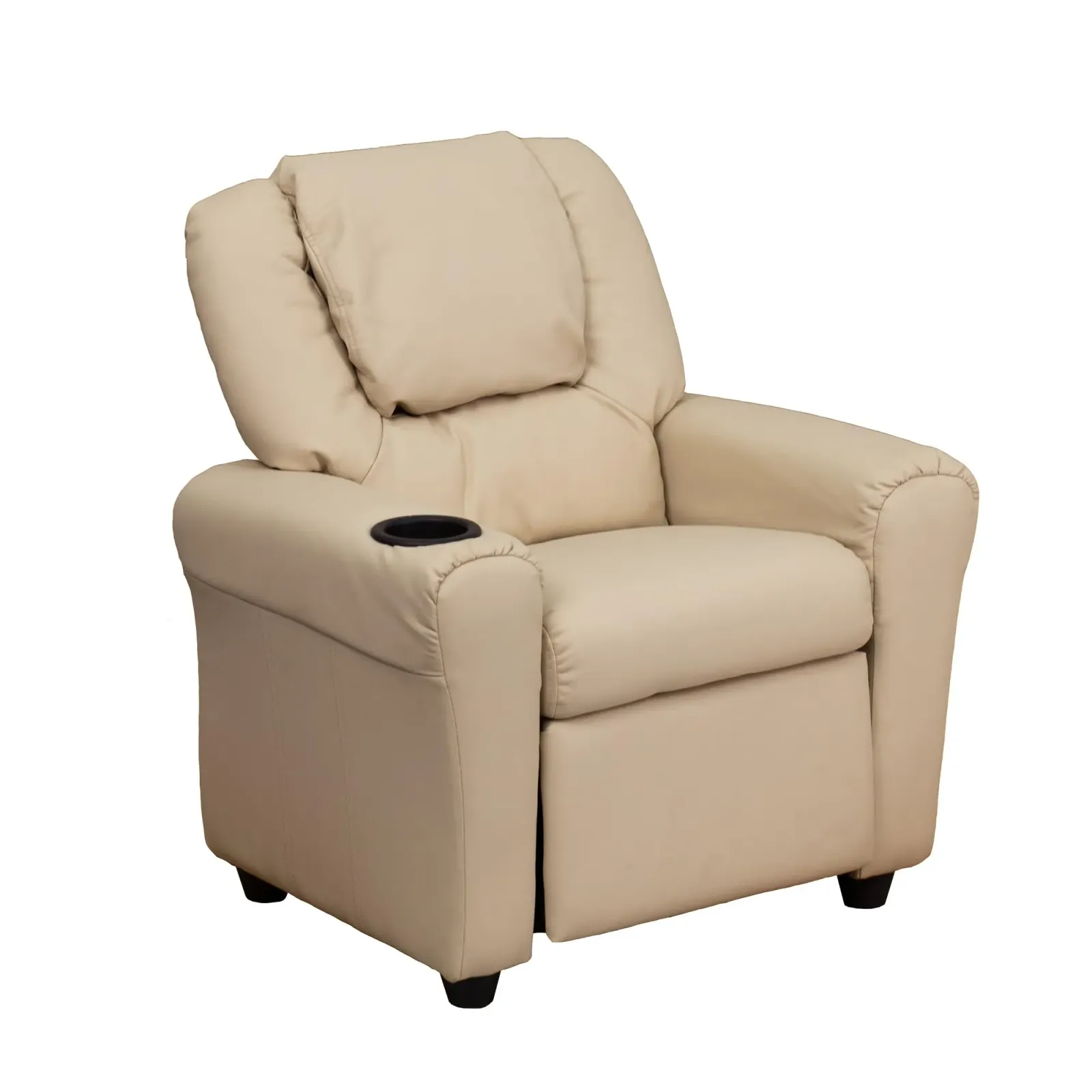 Flash Furniture Vana Vinyl Kids Recliner with Cup Holder, Headrest, and Safety Recline, Contemporary Reclining Chair for Kids, Supports up to 90 lbs., Beige