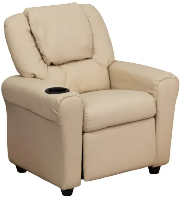Flash Furniture Vana Vinyl Kids Recliner with Cup Holder, Headrest, and Safety Recline, Contemporary Reclining Chair for Kids, Supports up to 90 lbs., Beige