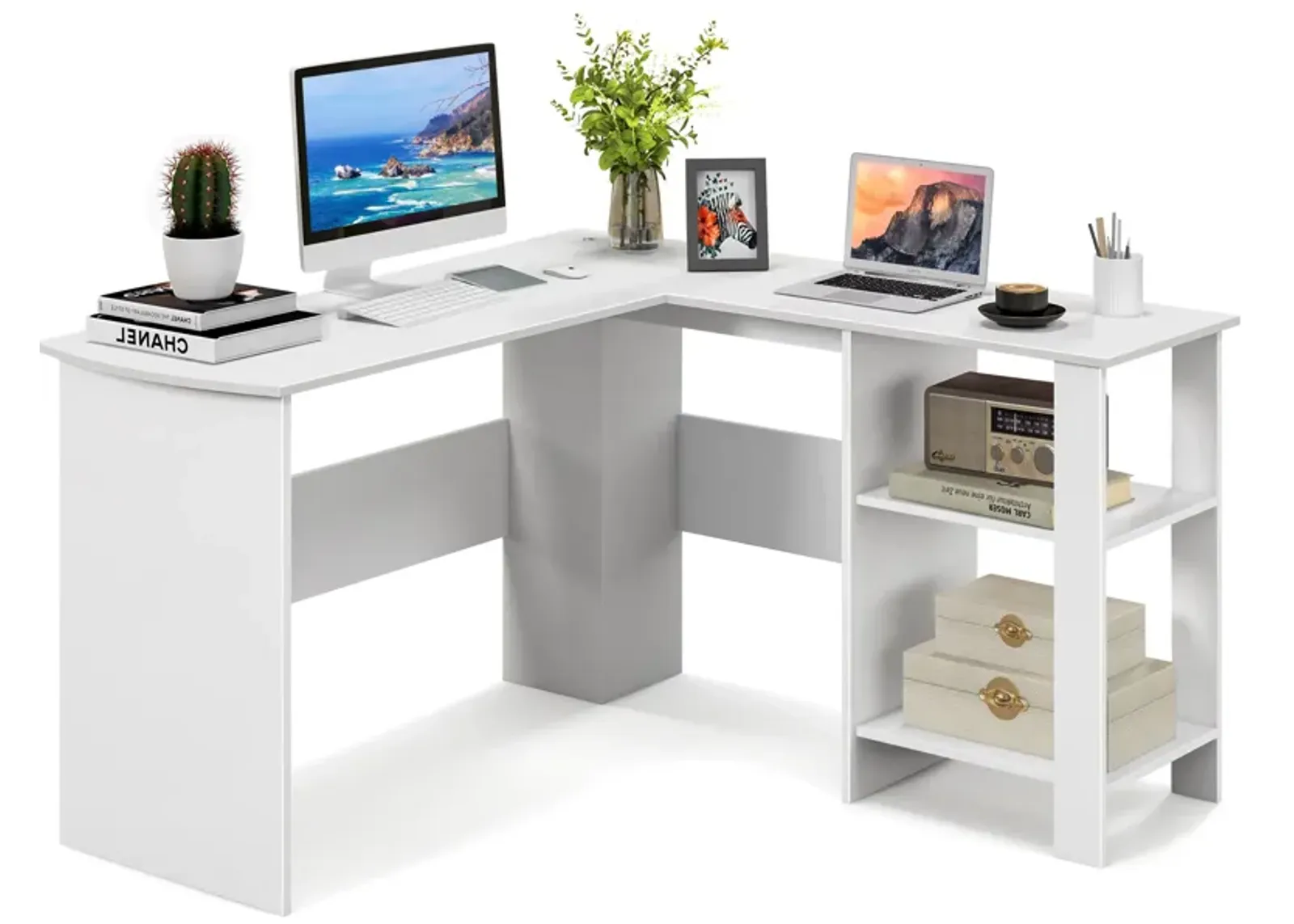 Costway L-shaped Corner Computer Desk Home Office Writing Workstation with Storage Shelves White