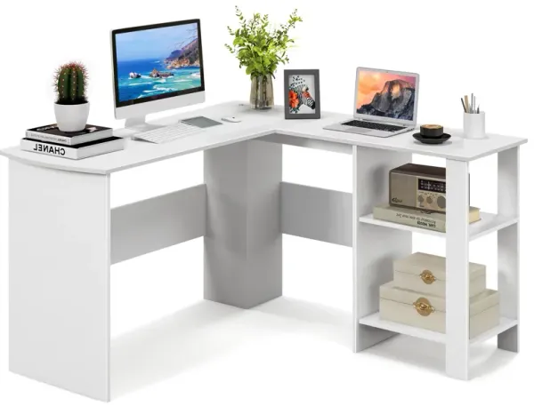 Costway L-shaped Corner Computer Desk Home Office Writing Workstation with Storage Shelves White