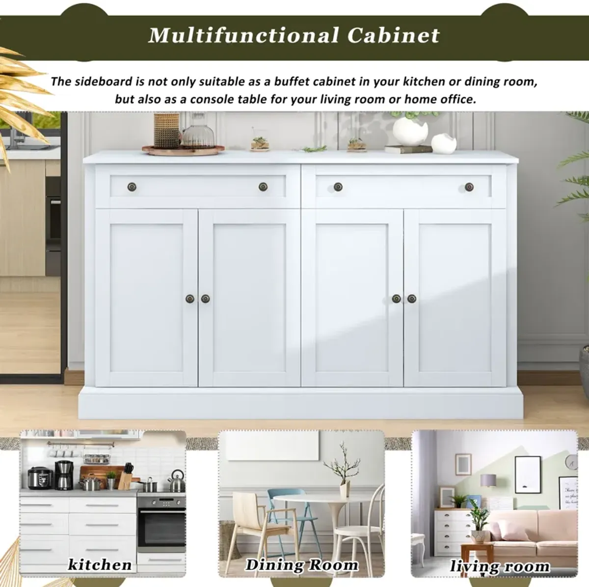 Merax White Sideboard Storage Buffet Cabinet with 2 Drawers