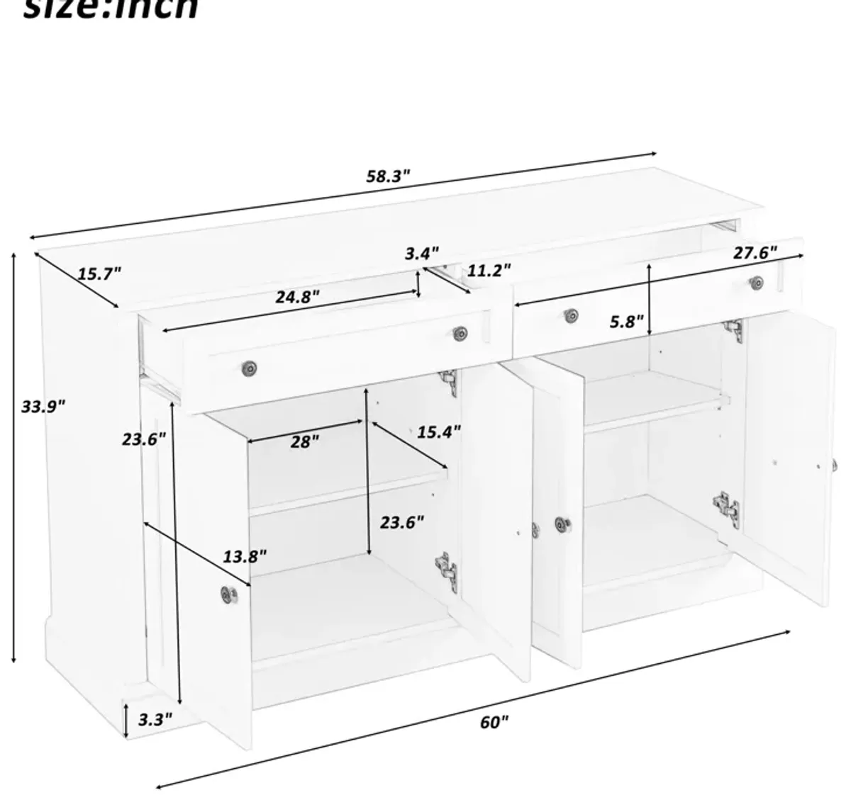 Merax White Sideboard Storage Buffet Cabinet with 2 Drawers