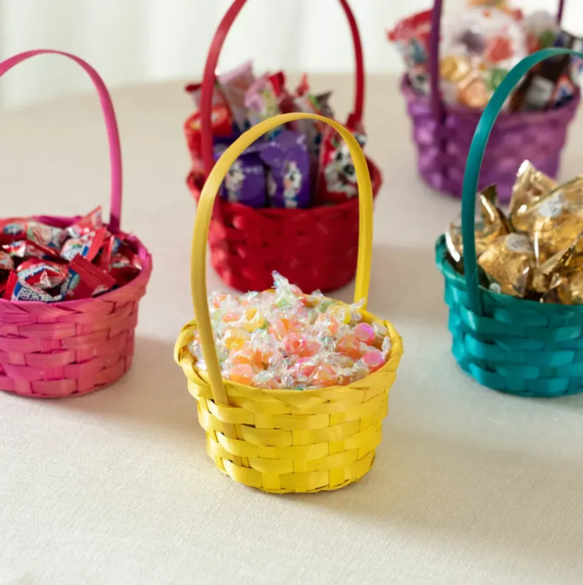 Wickerwise 5 Assorted Color Bamboo Wicker Round Baskets with Handles - Small Buckets for Easter Egg Hunts, Birthday Party Decorations, Gift Packing, Halloween Trick-or-Treating, and Candy Baskets