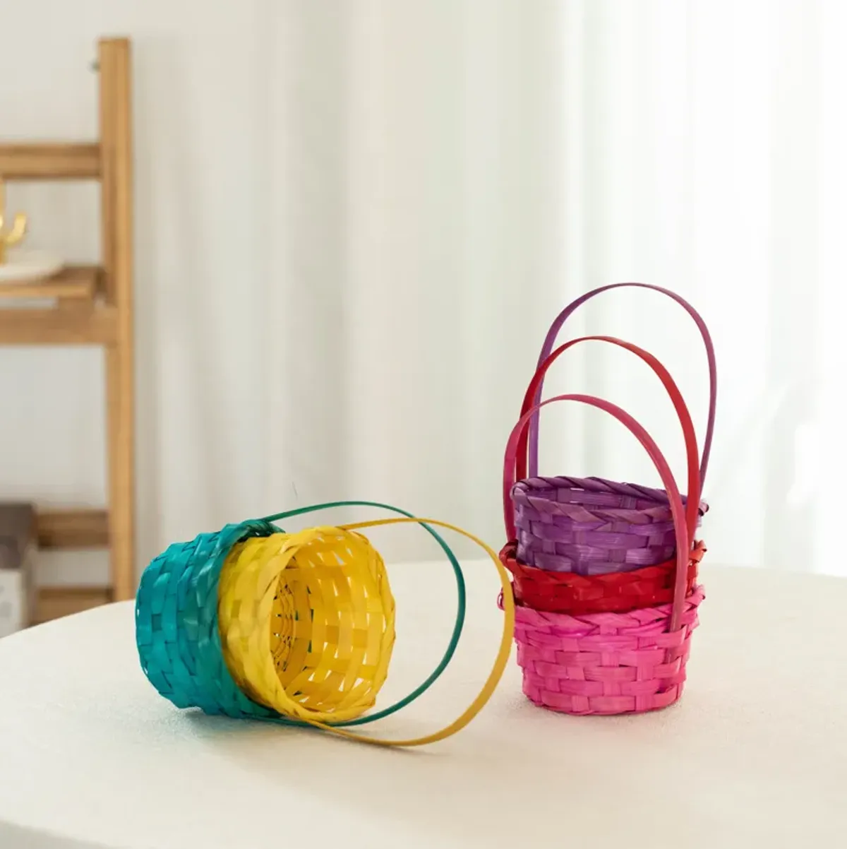 Wickerwise 5 Assorted Color Bamboo Wicker Round Baskets with Handles - Small Buckets for Easter Egg Hunts, Birthday Party Decorations, Gift Packing, Halloween Trick-or-Treating, and Candy Baskets