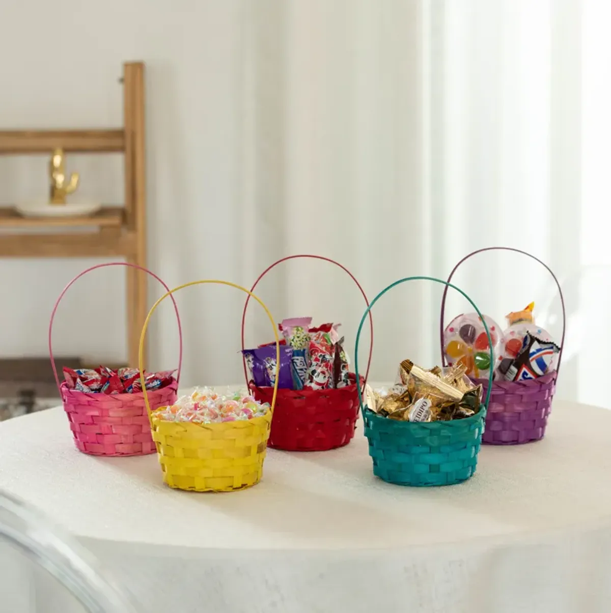 Wickerwise 5 Assorted Color Bamboo Wicker Round Baskets with Handles - Small Buckets for Easter Egg Hunts, Birthday Party Decorations, Gift Packing, Halloween Trick-or-Treating, and Candy Baskets