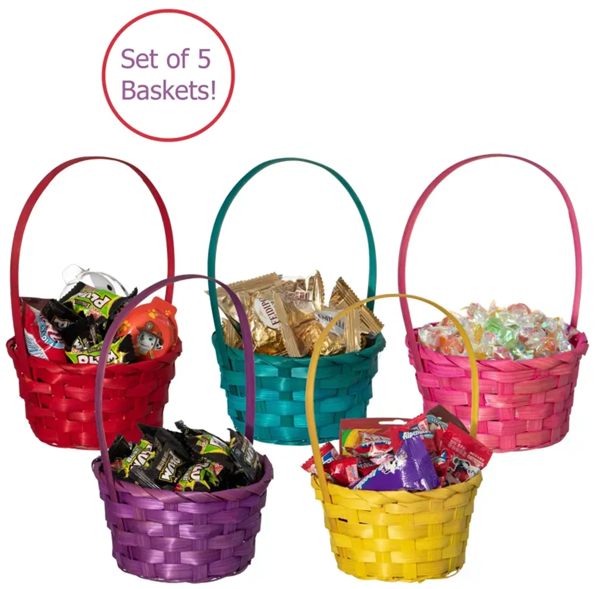 Wickerwise 5 Assorted Color Bamboo Wicker Round Baskets with Handles - Small Buckets for Easter Egg Hunts, Birthday Party Decorations, Gift Packing, Halloween Trick-or-Treating, and Candy Baskets