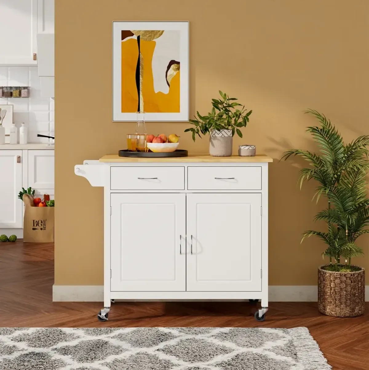 Modern Rolling Kitchen Cart Island with Wooden Top