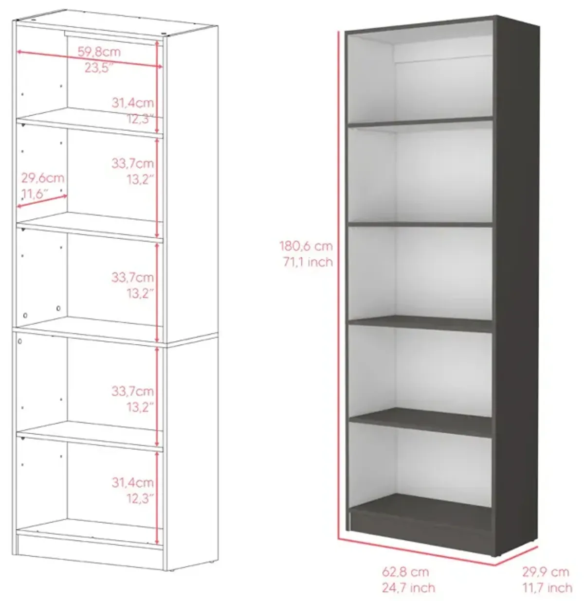 Bookcase 4-Shelves Benzoni, Office, Matt Gray / White