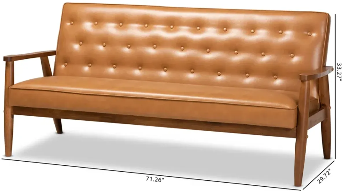 Baxton Studio Sorrento Mid-Century Modern Tan Faux Leather Upholstered and Walnut Brown Finished Wood Sofa