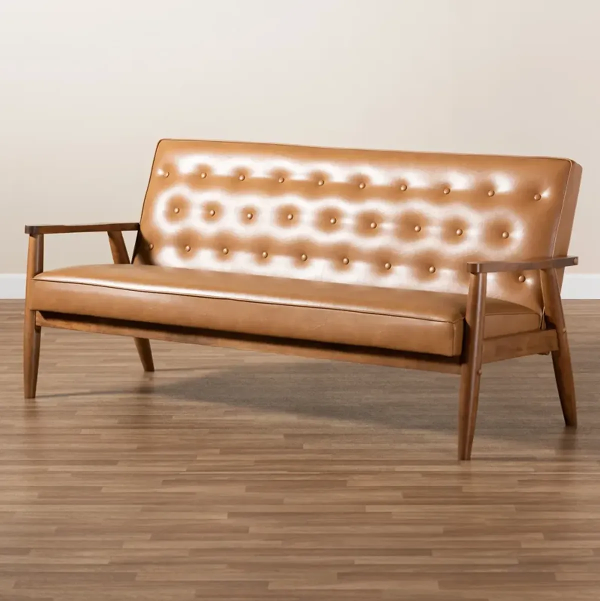 Baxton Studio Sorrento Mid-Century Modern Tan Faux Leather Upholstered and Walnut Brown Finished Wood Sofa