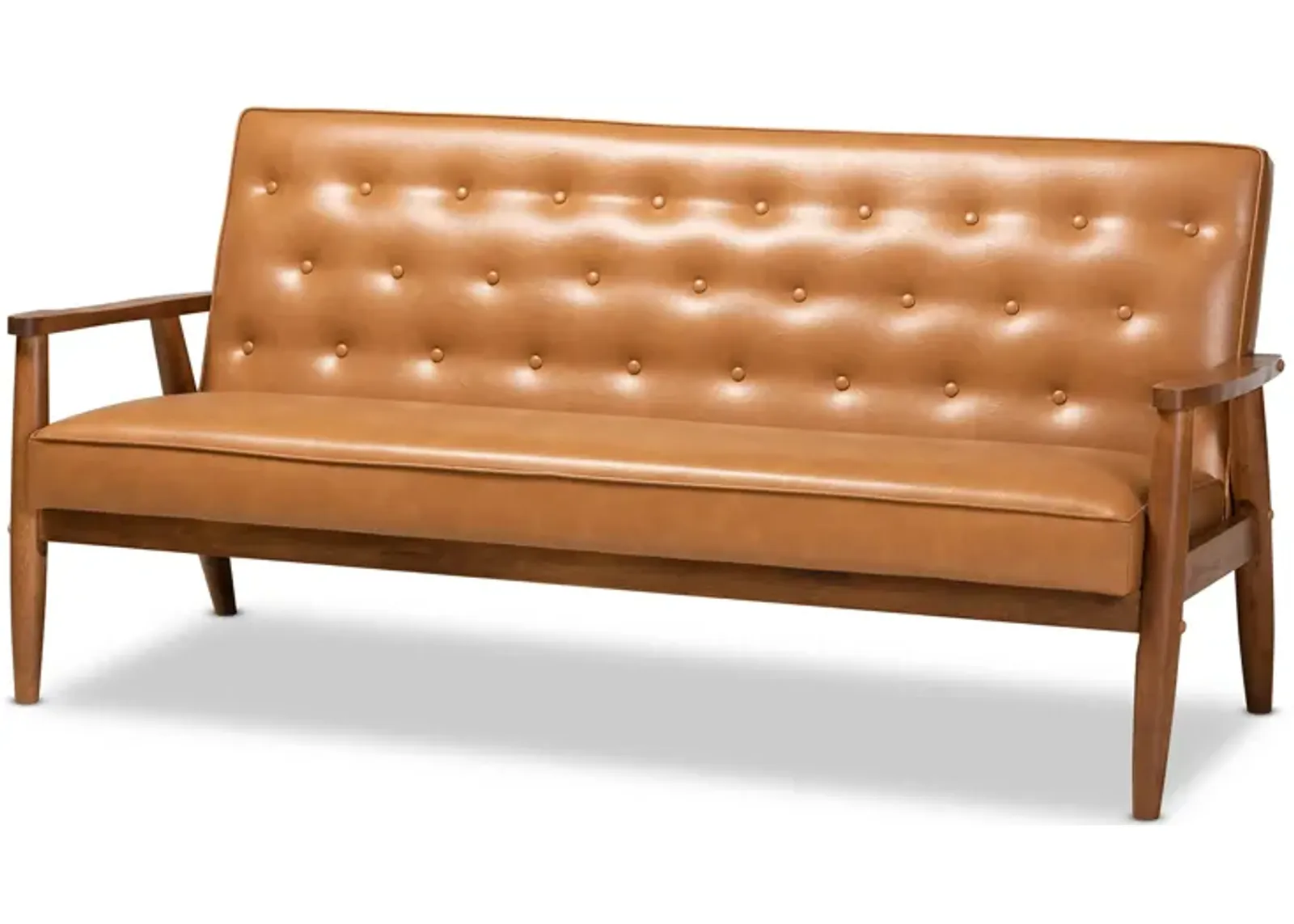 Baxton Studio Sorrento Mid-Century Modern Tan Faux Leather Upholstered and Walnut Brown Finished Wood Sofa