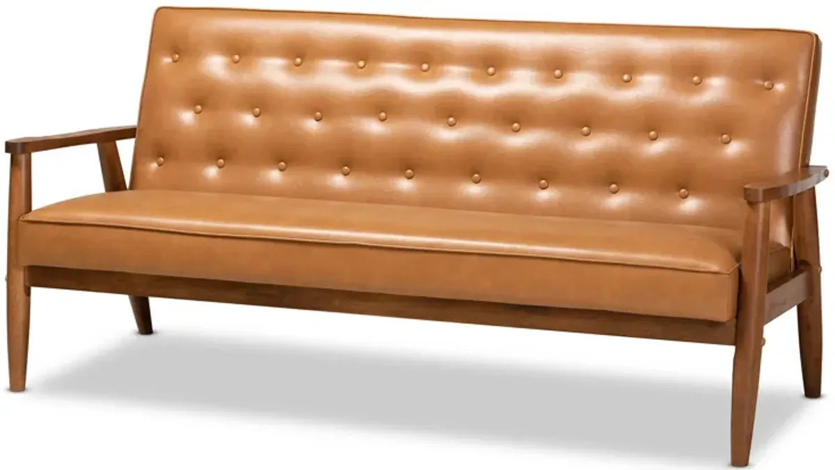 Baxton Studio Sorrento Mid-Century Modern Tan Faux Leather Upholstered and Walnut Brown Finished Wood Sofa