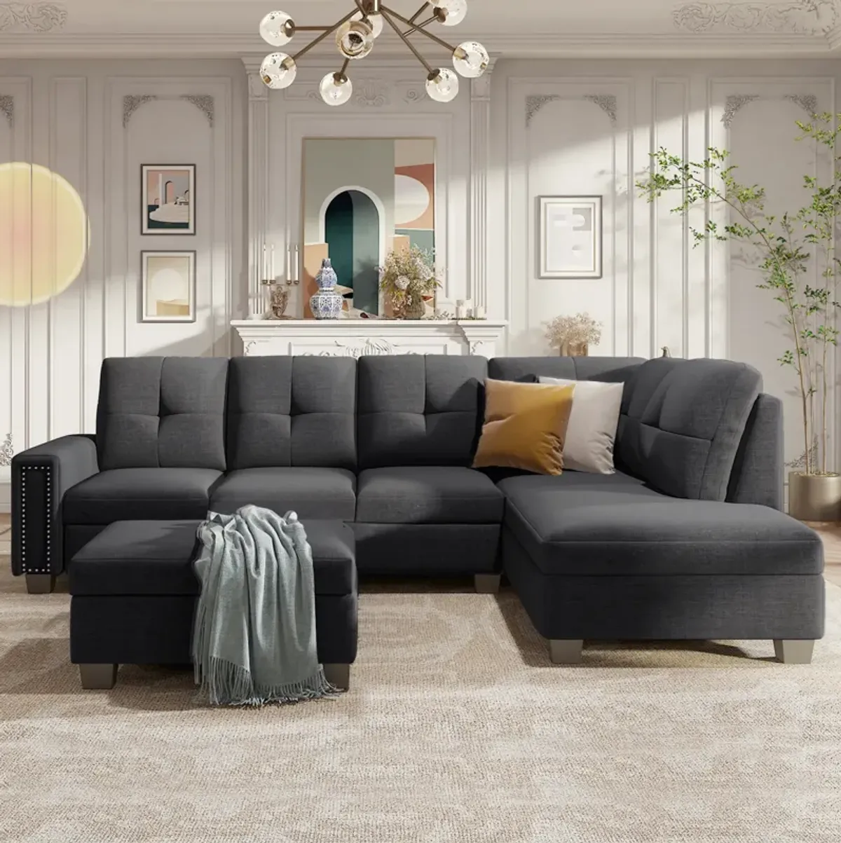 Merax Reversible Sectional Sofa  with Storage Ottoman