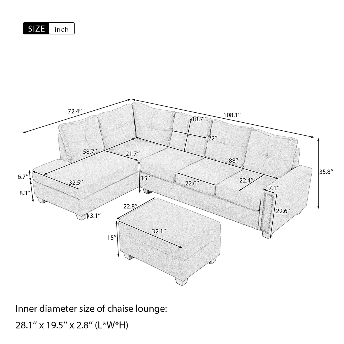 Merax Reversible Sectional Sofa  with Storage Ottoman