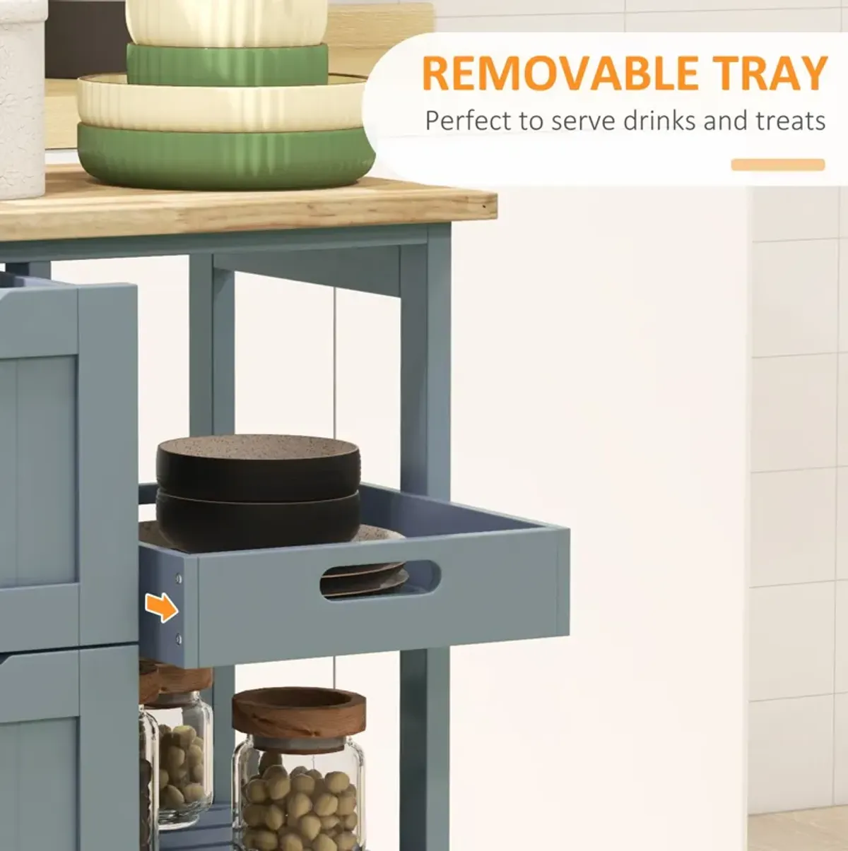 Gray Rolling Kitchen Cart: Wood Top, Shelves, Drawers