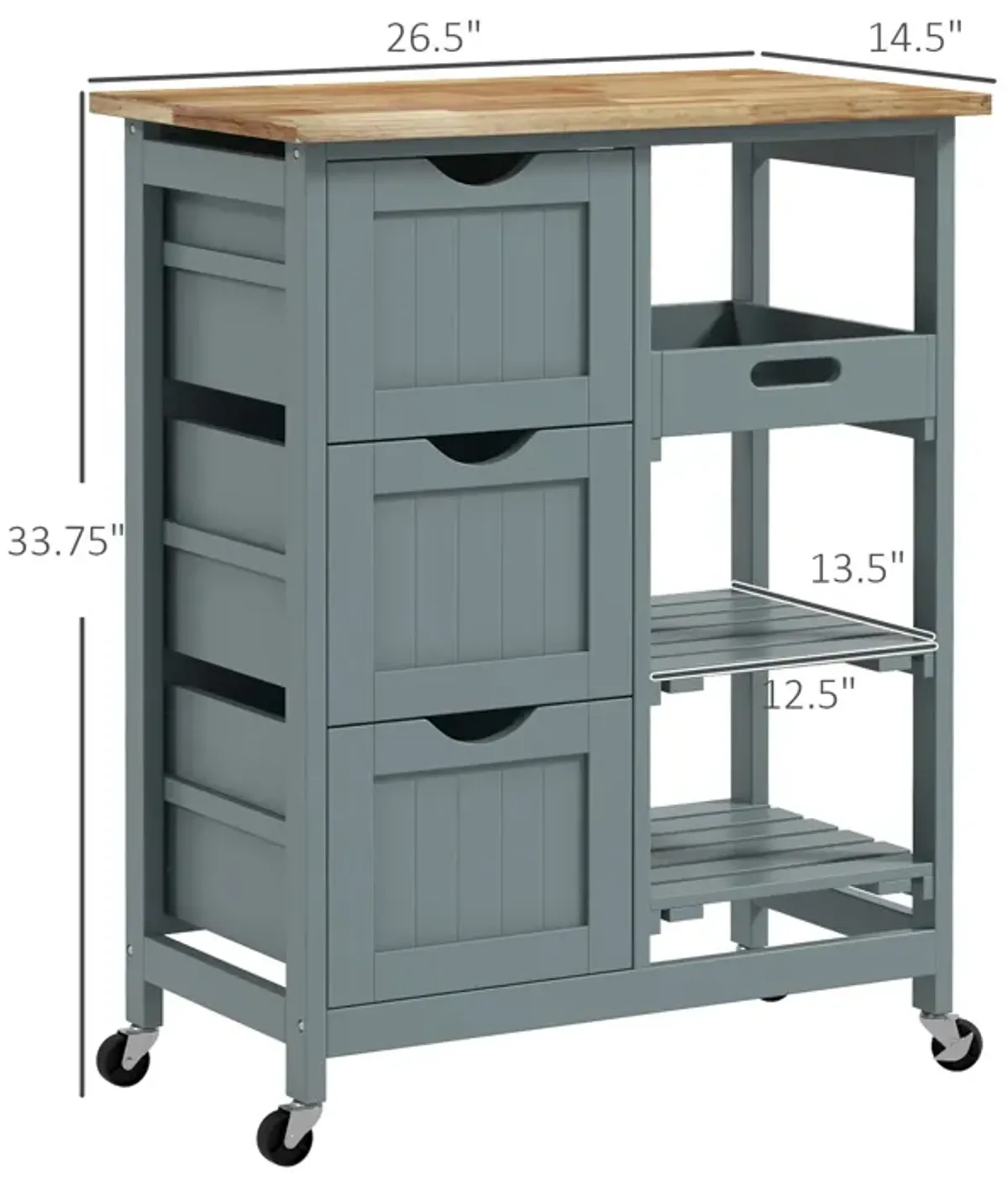 Gray Rolling Kitchen Cart: Wood Top, Shelves, Drawers