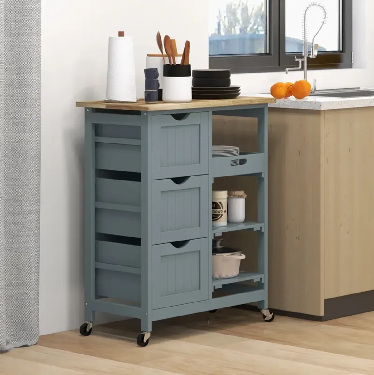 Gray Rolling Kitchen Cart: Wood Top, Shelves, Drawers