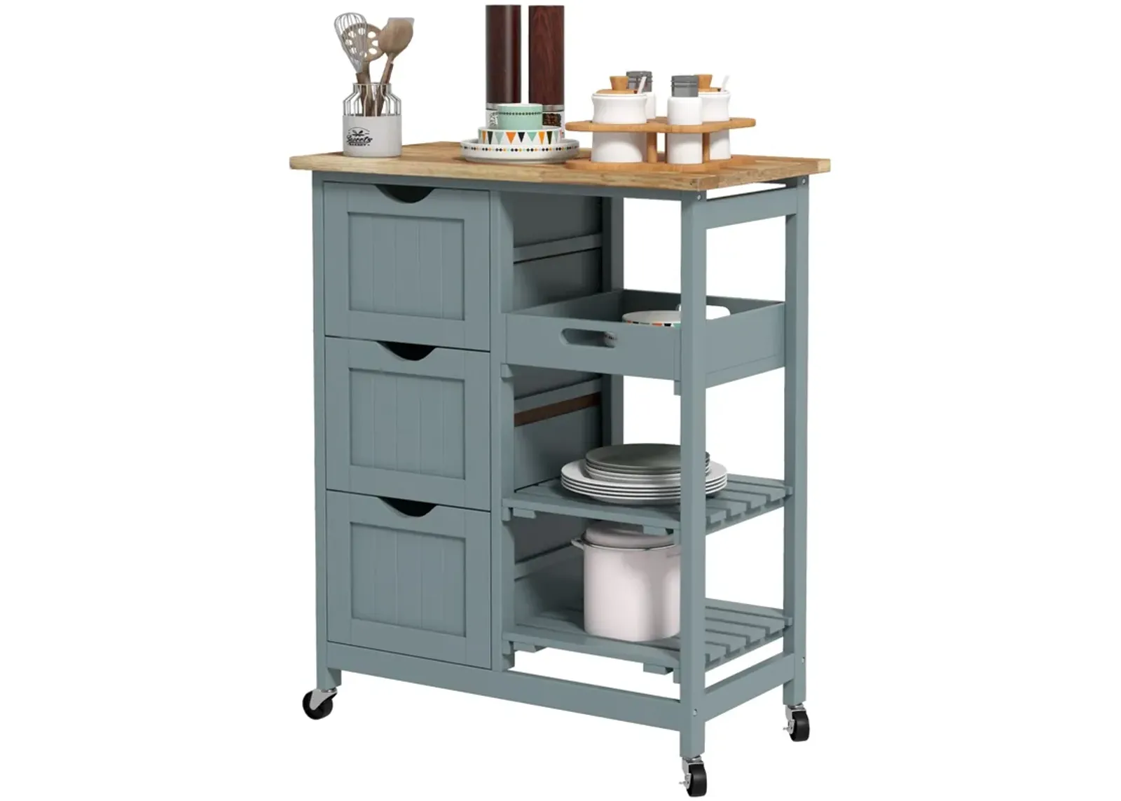 Gray Rolling Kitchen Cart: Wood Top, Shelves, Drawers