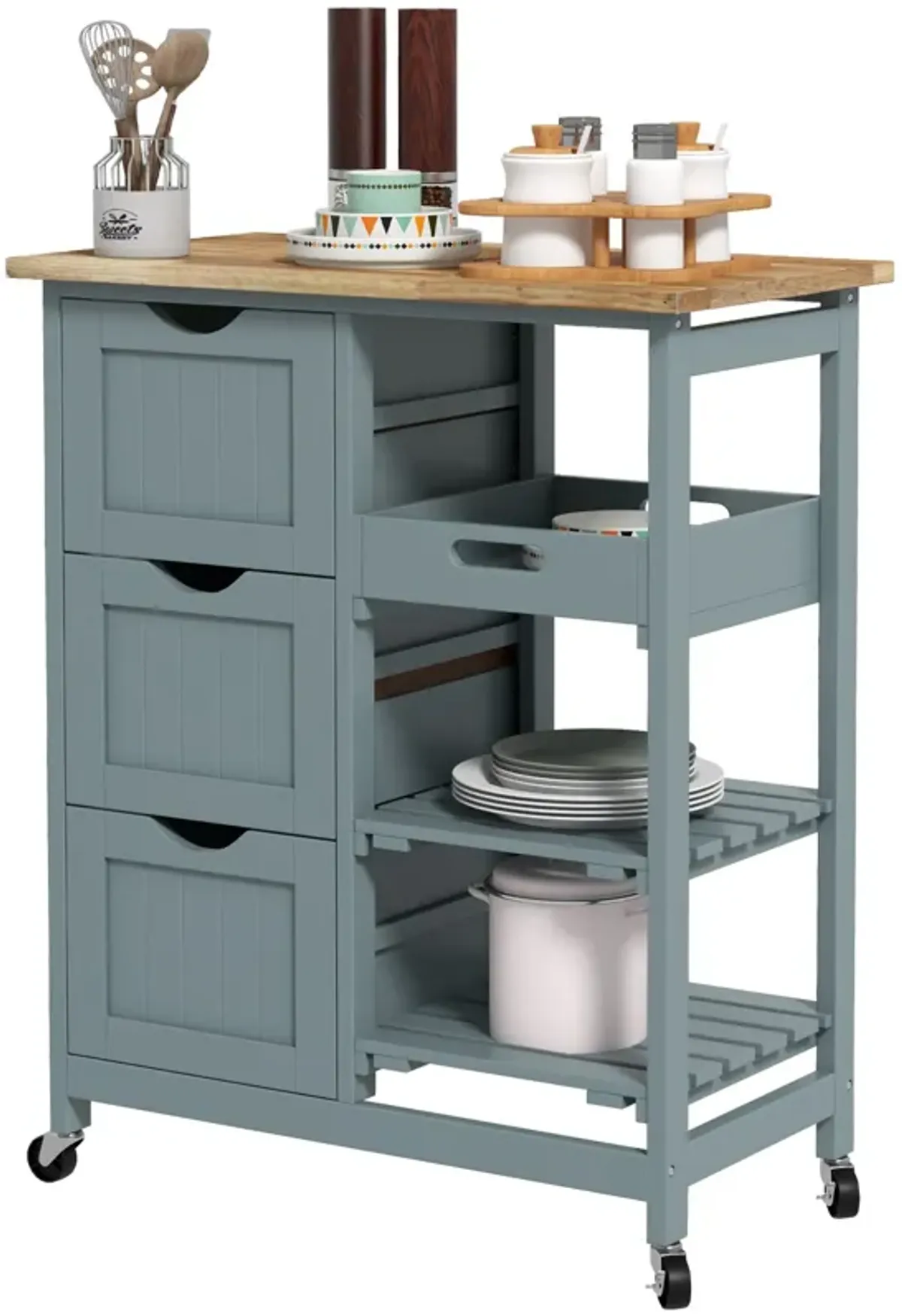 Gray Rolling Kitchen Cart: Wood Top, Shelves, Drawers