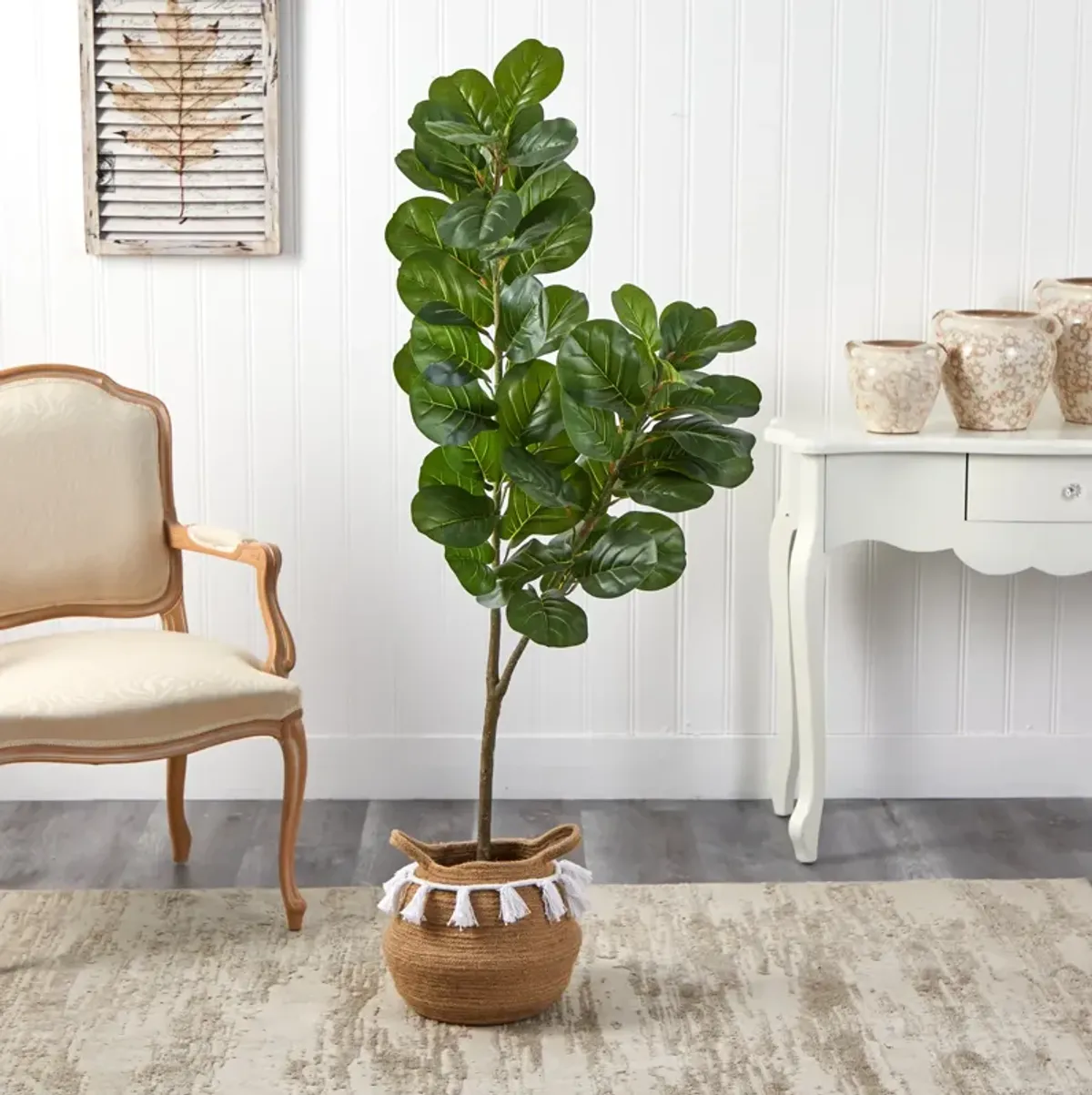 HomPlanti 4.5 Feet Fiddle Leaf Fig Artificial Tree with Boho Chic Handmade Natural Cotton Woven Planter with Tassels