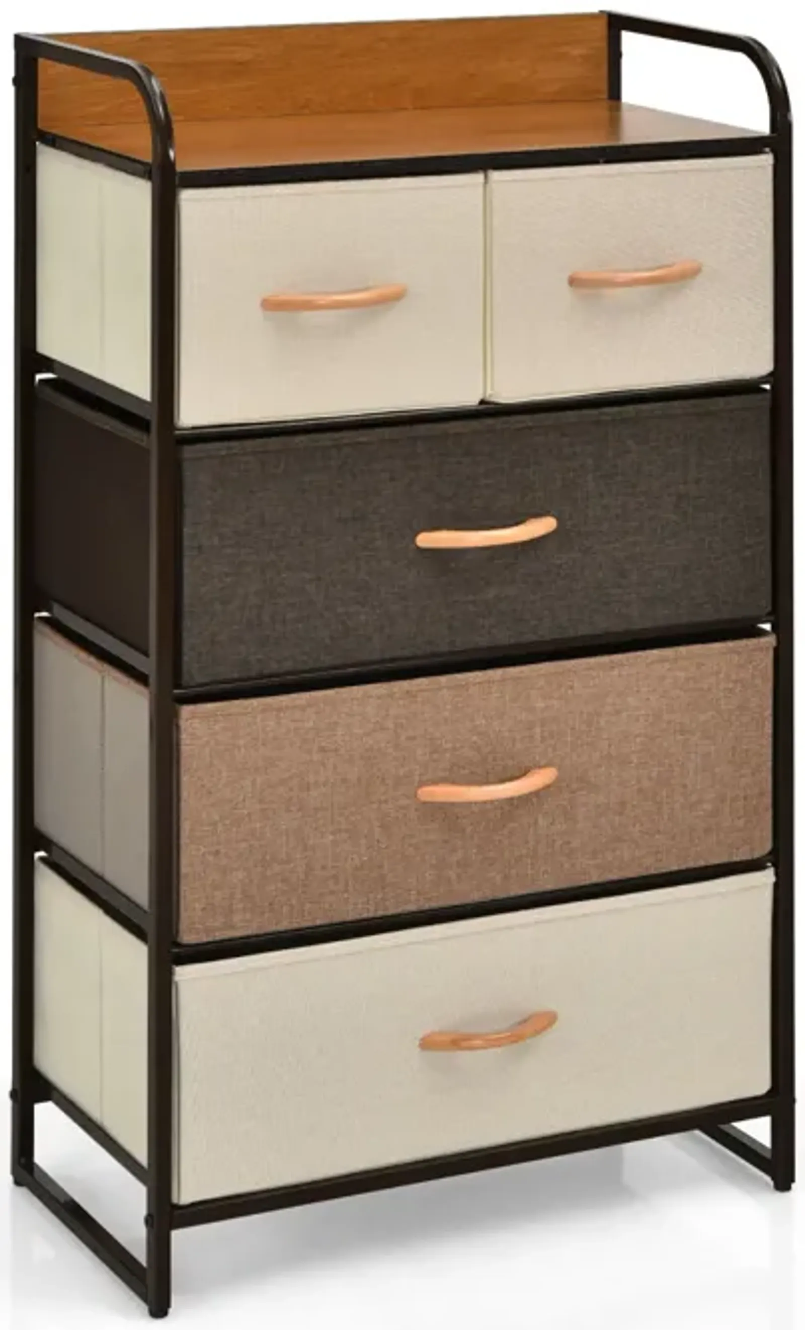 4-Tier Organizer Tower Steel Frame Wooden Top Storage with 5-Drawer Dresser