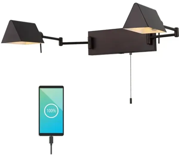 Arlo 54" 2-Light Farmhouse Industrial Double Swing Arm Iron LED Wall Sconce with Pull-Chain USB Charging Port