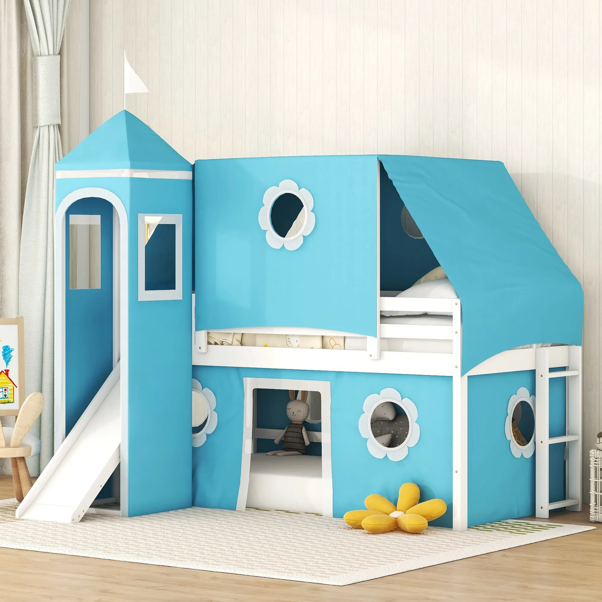 Merax Castle Loft Bed with Slide and Tent