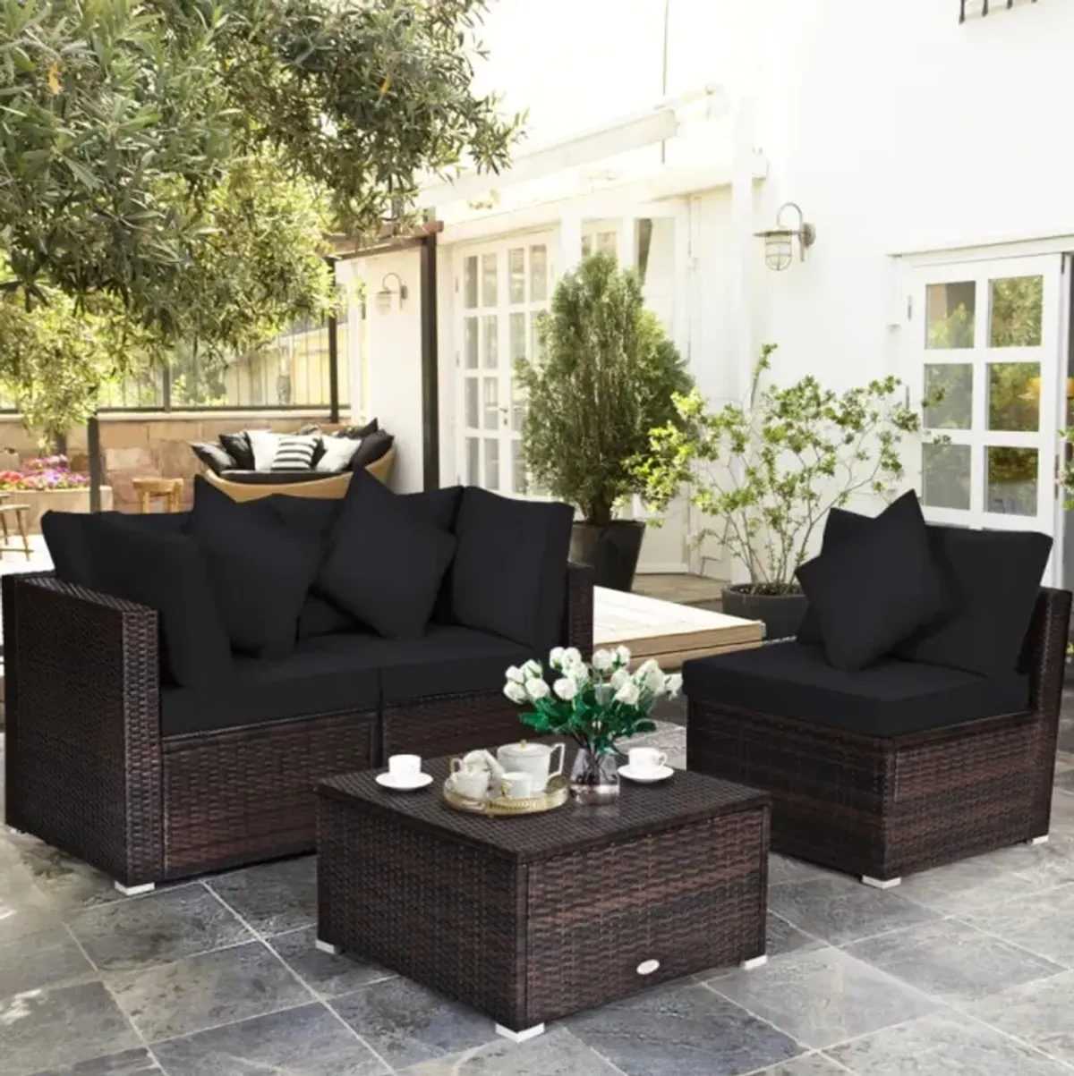 Hivvago 4 Pieces Patio Rattan Furniture Set with Removable Cushions and Pillows