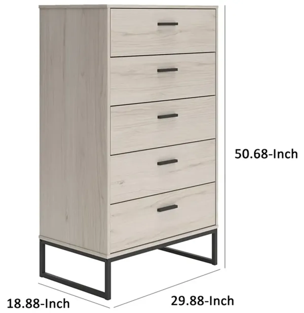 Zed 51 Inch 5 Drawer Chest, Natural Beige Wood Frame, Black Metal Base-Benzara